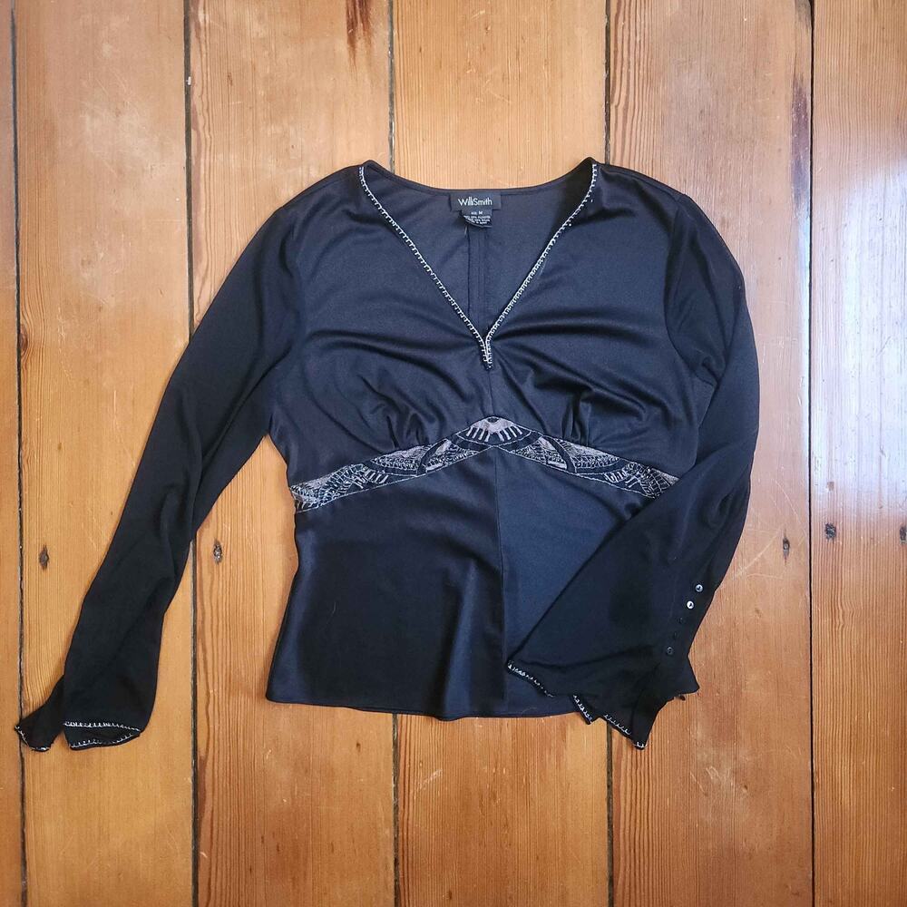 B029. Y2k Willi Smith black beaded top with sheer sleeves